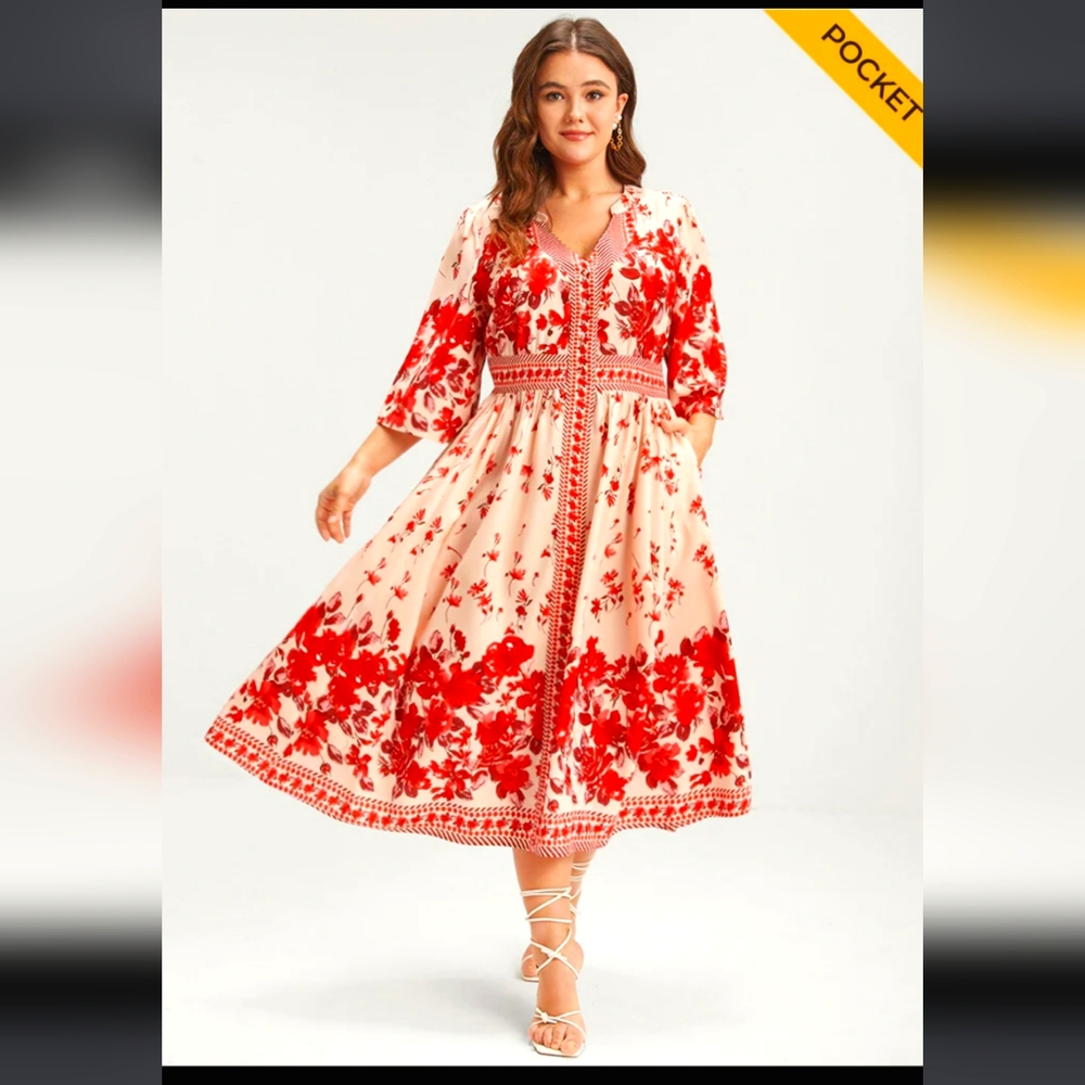 Bloomchic Plus Size 22/3X red white floral dress with pockets NEW